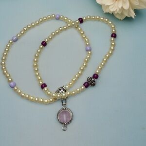 Hand Crafted Cream and Purple Pearl Necklace
